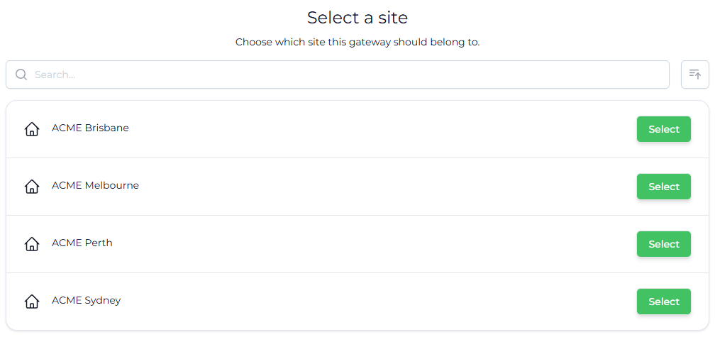 Add Gateway - Select a Site