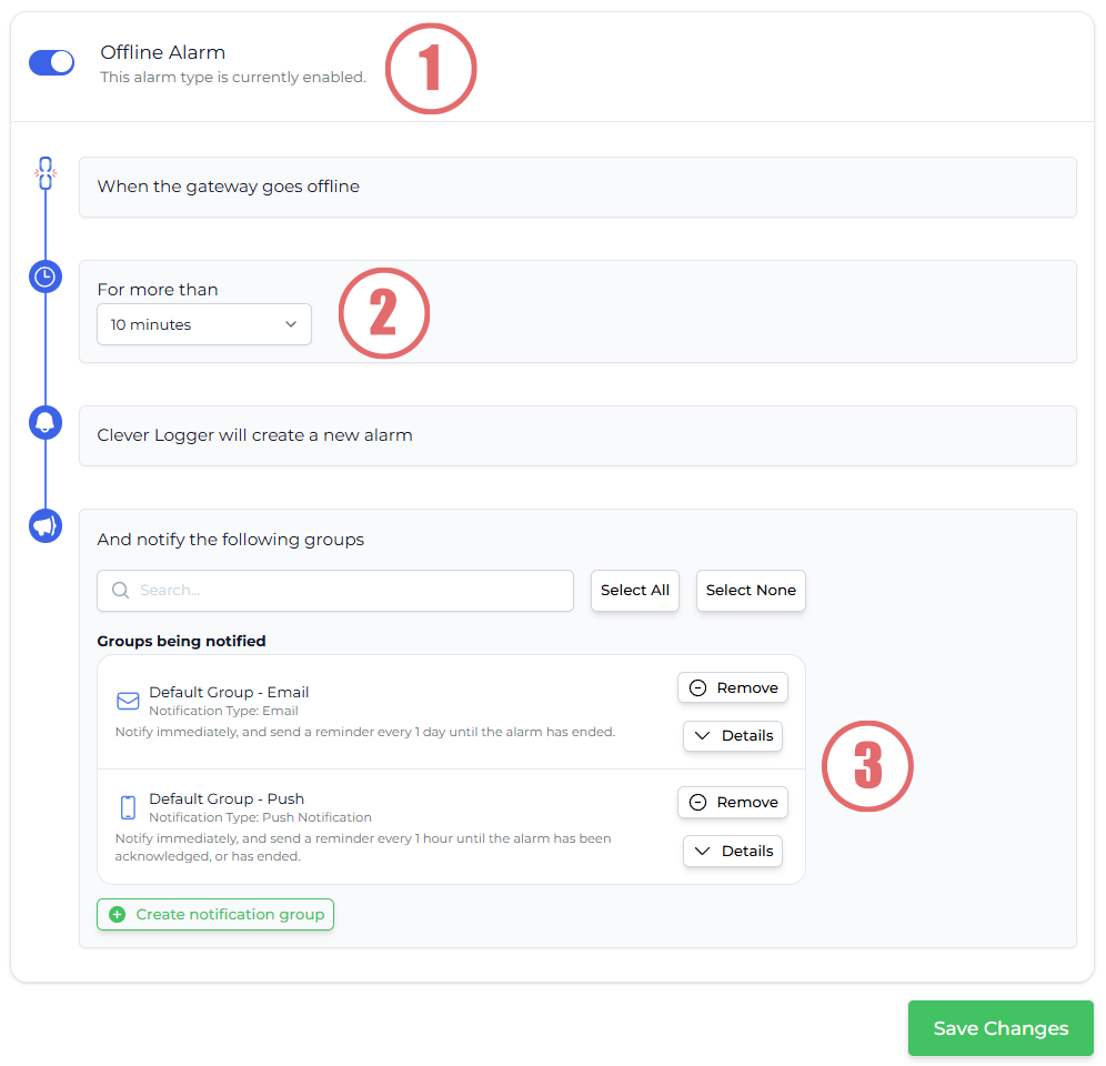 Clever Logger Gateway Alarm settings