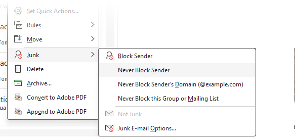 Outlook junk mail options